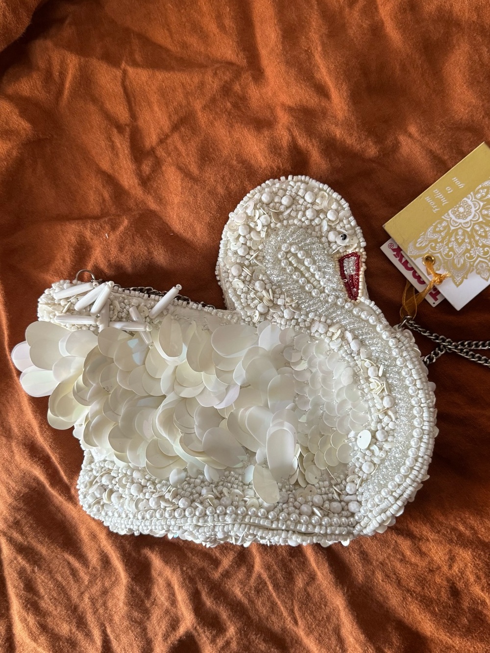 White beaded swan purse with chain strap NWT tj maxx